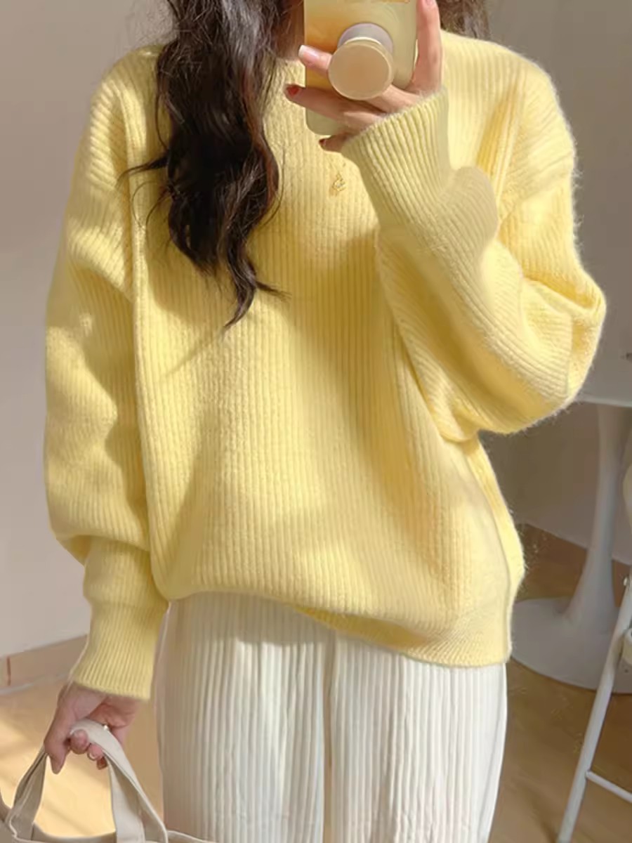 軟糯黃色毛衣女套頭2023秋冬新款學院風溫柔寬鬆慵懶風外穿針織衫