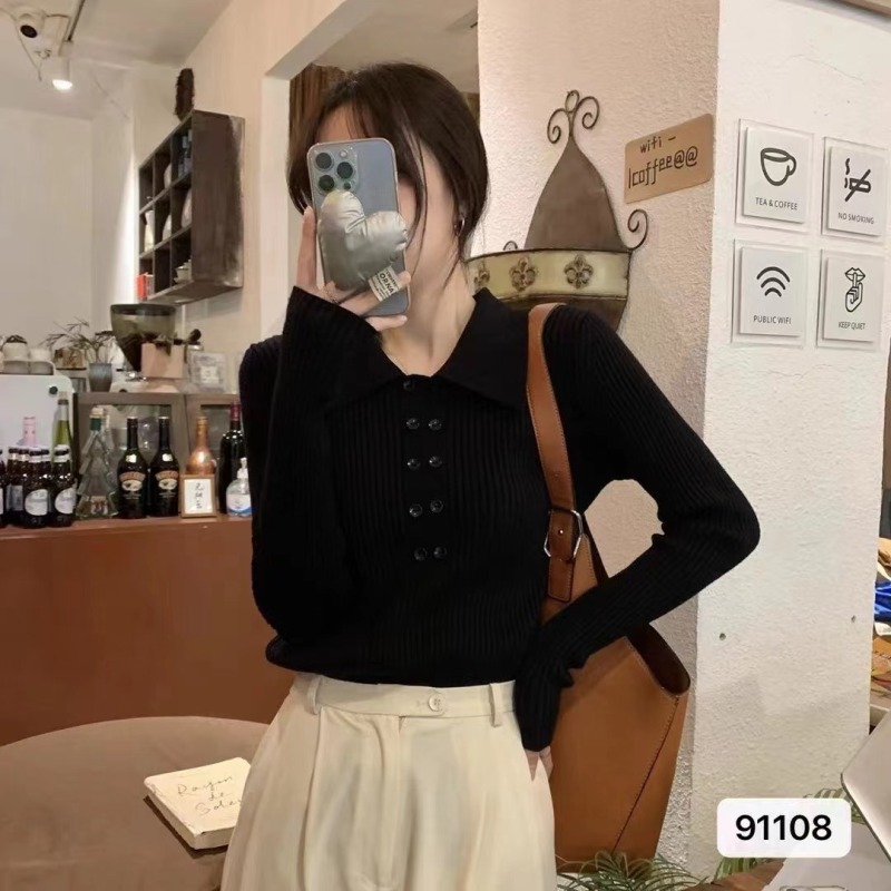 polo領軟糯毛衣內搭秋裝女2023年新款氣質打底針織衫獨特别致上衣