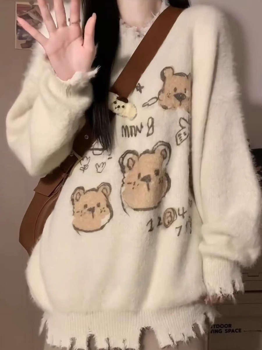 加厚版！慵懶風卡通流蘇水貂絨毛衣女秋冬新款韓版寬鬆長袖針織衫