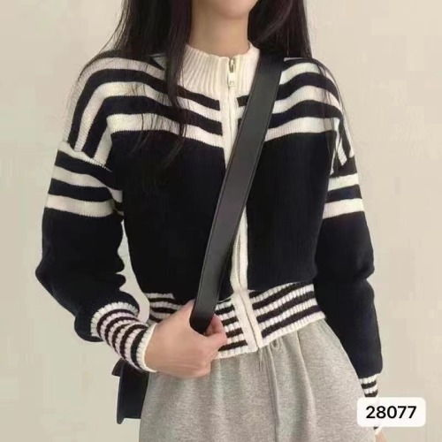 韩国chic秋季法式复古拉链立领收腰短款长袖条纹针织衫毛衣外套女