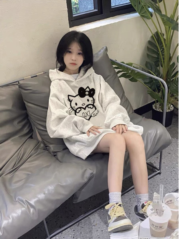 美式女秋冬季可愛卡通kitty凱蒂貓印花連帽衛衣寬鬆街頭情侶外套