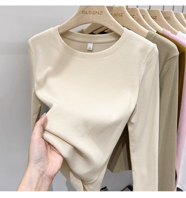Long-sleeved t-shirt for women in early autumn 2023 new round neck slim top plus velvet thickened bottoming shirt for women to wear in autumn and winter