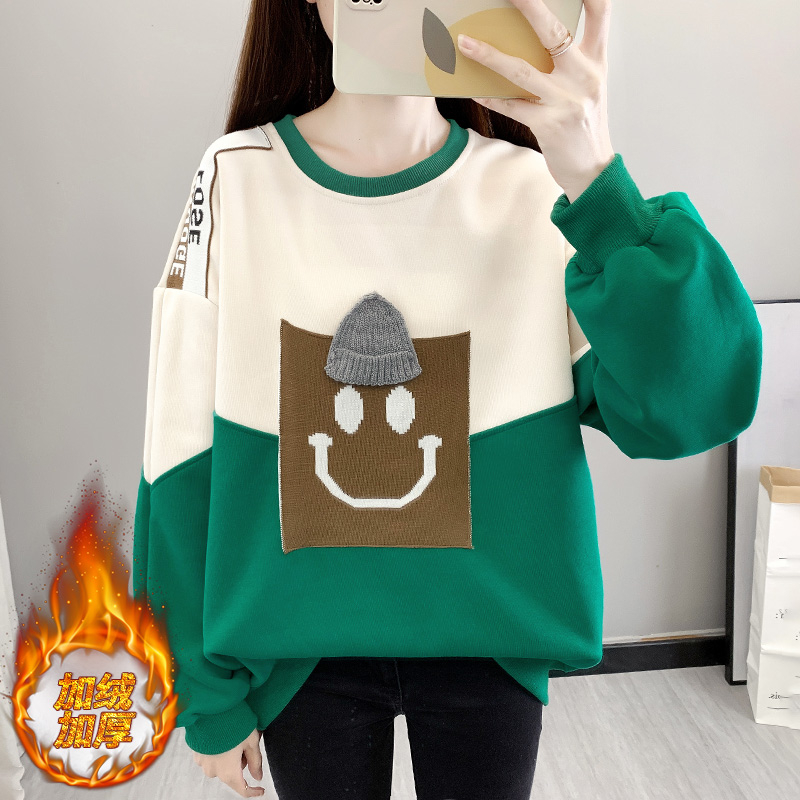 實拍仿棉華棉複合貝貝絨 後包領加絨加厚撞色拼接套頭衛衣女