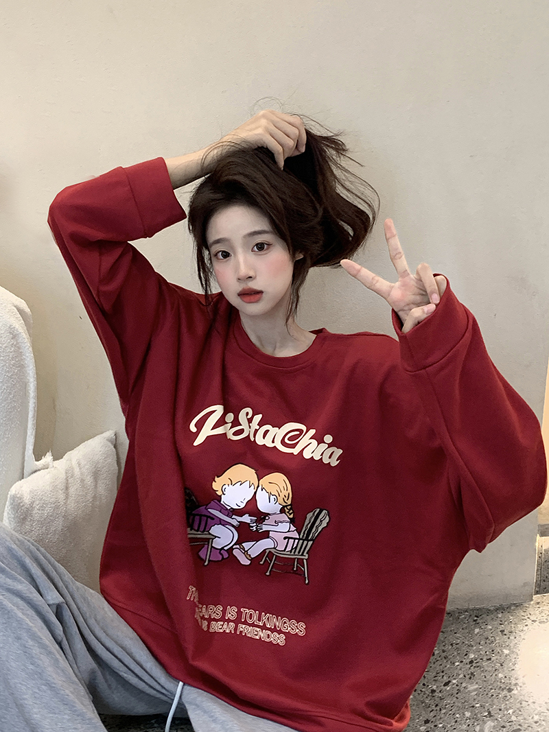 原創~實拍~早秋朱地圓領寬鬆百搭印花衛衣女長袖潮