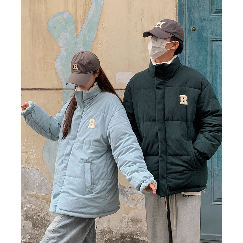 實拍燈芯絨立領情侶裝2023冬韓版羽絨服羊羔毛棉衣港風雙面穿棉服