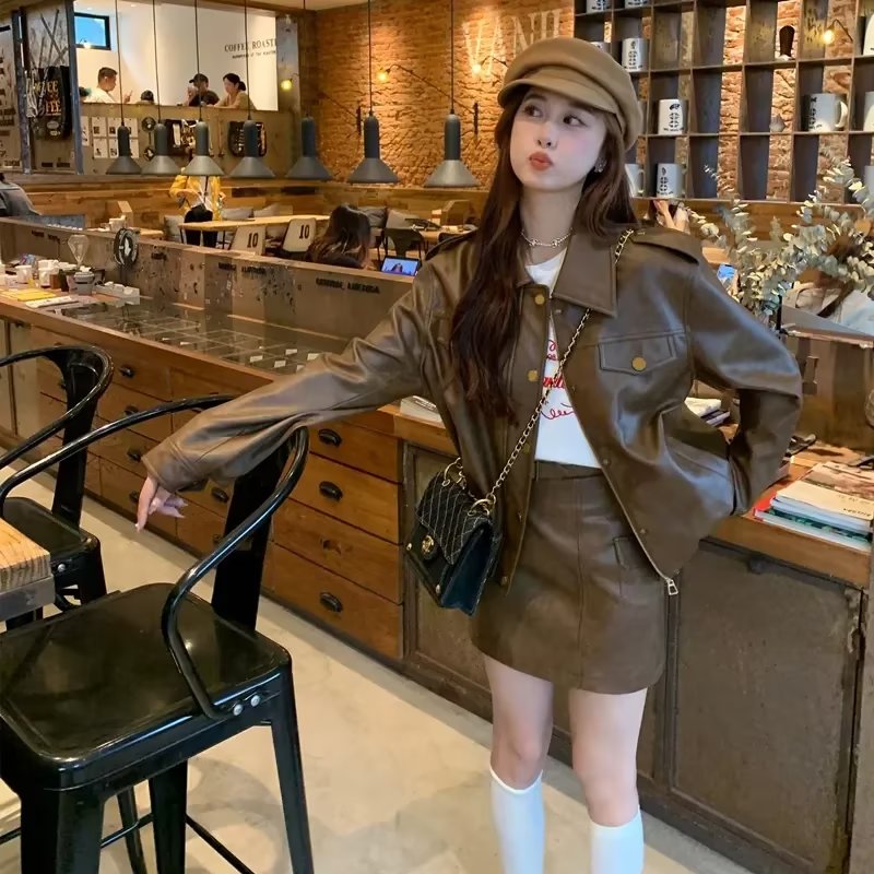 美式復古設計感小眾咖色皮衣外套女2023春秋新款寬鬆美拉德皮夾克