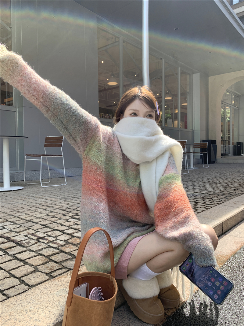 實拍2023秋冬慵懶風漸變色寬鬆套頭針織毛衣外套女