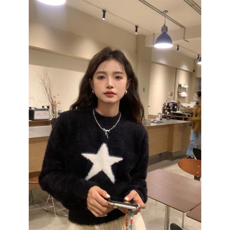 軟糯星星短款毛衣女套頭圓領高腰修身加厚黑色上衣辣仿貂毛高檔