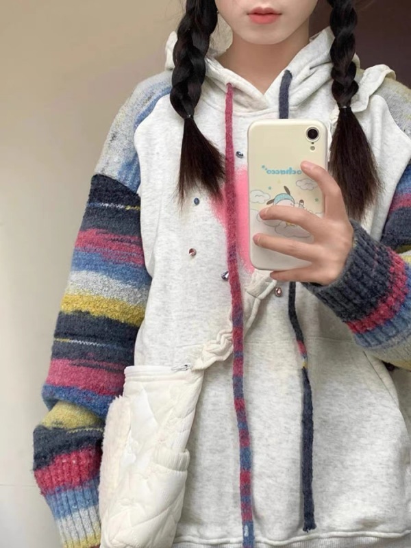 美式復古彩紗拼接衛衣女春秋寬鬆ins潮牌慵懶風oversize連帽外套