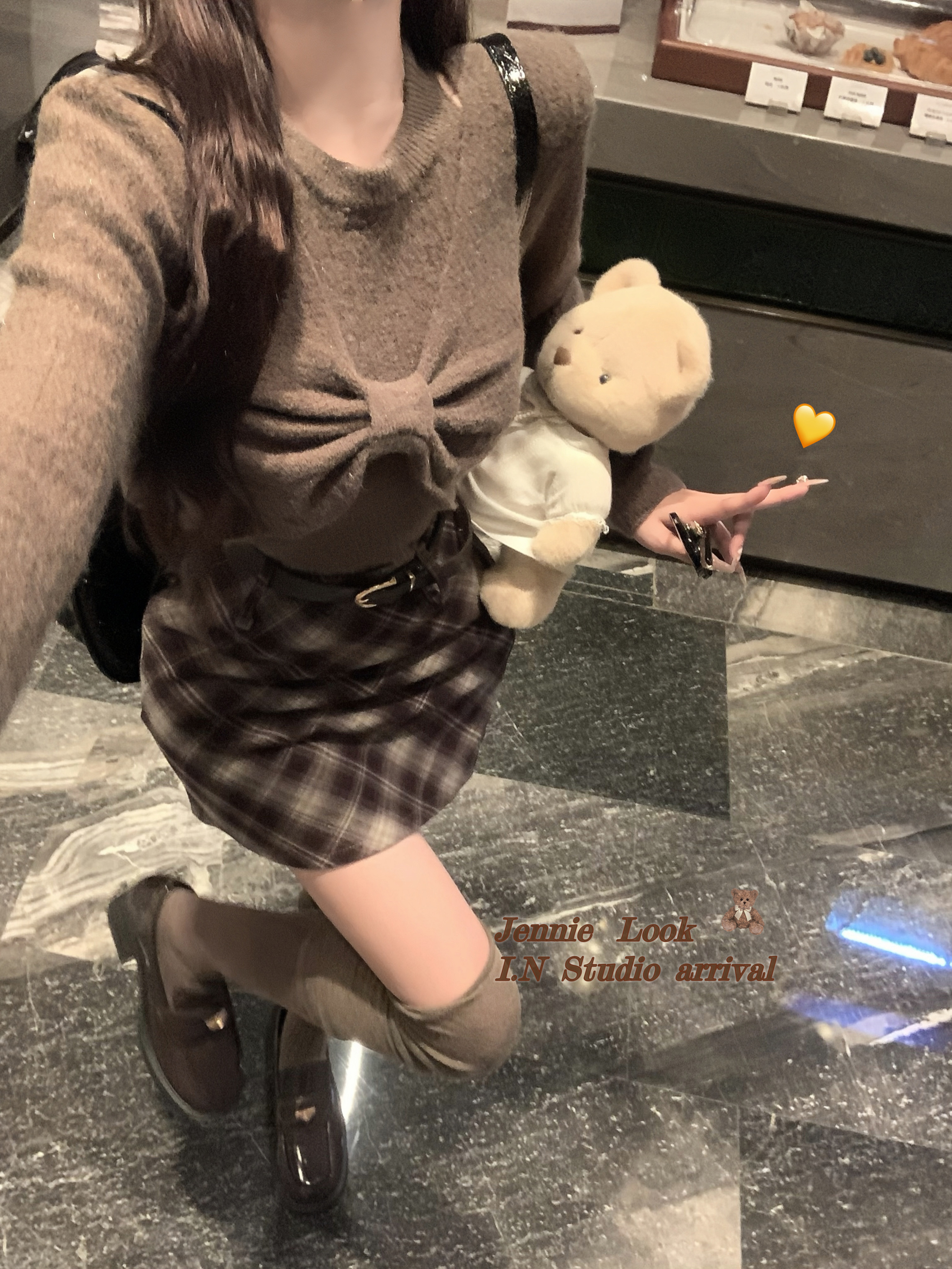 實拍~美拉德穿搭修身顯瘦針織長袖打底衫上衣+格紋復古A字裙