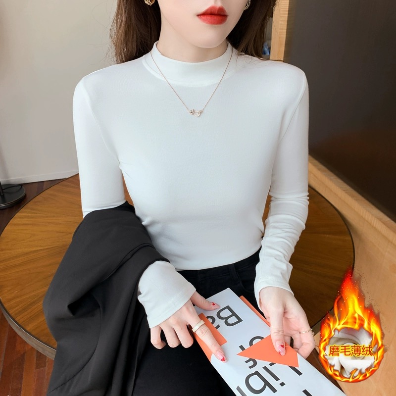 疊穿小立領白色磨毛打底衫女內搭春秋冬新款修身半高領長袖t恤潮