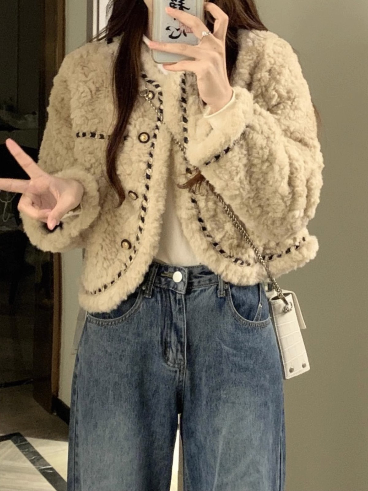 小香風羊羔絨毛毛外套女冬季加絨寬鬆百搭高級感氣質名媛短款上衣