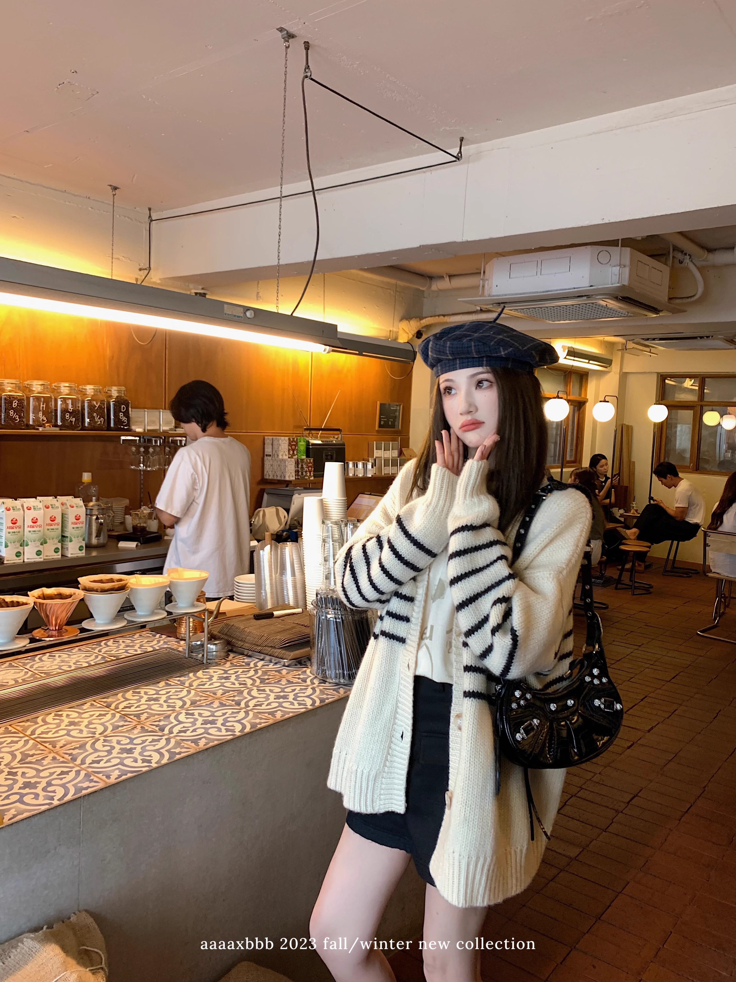 條紋長袖毛衣外套女秋新款設計感復古慵懶風V領寬鬆外穿針織開衫