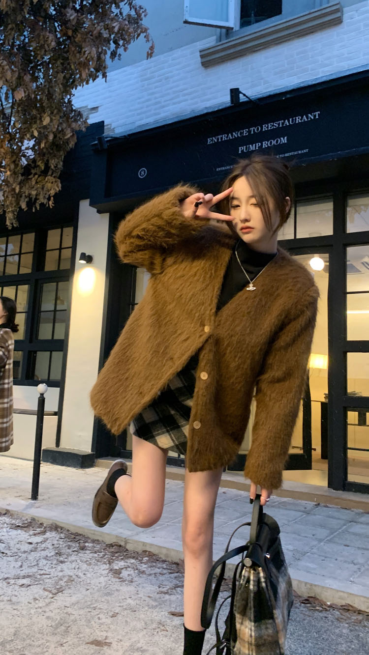 實拍 新款韓版v領復古加厚毛毛外套秋冬高級感開衫開衫上衣