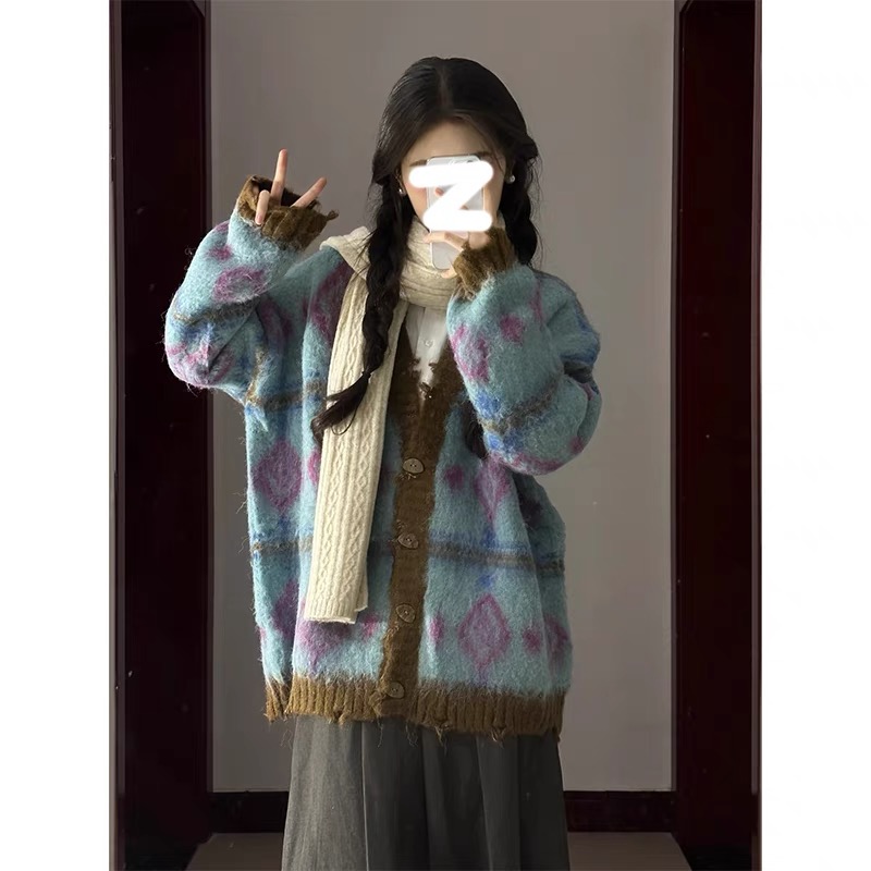 法式復古提花v領毛衣開衫外套女秋冬季寬鬆軟糯慵懶風長袖針織衫