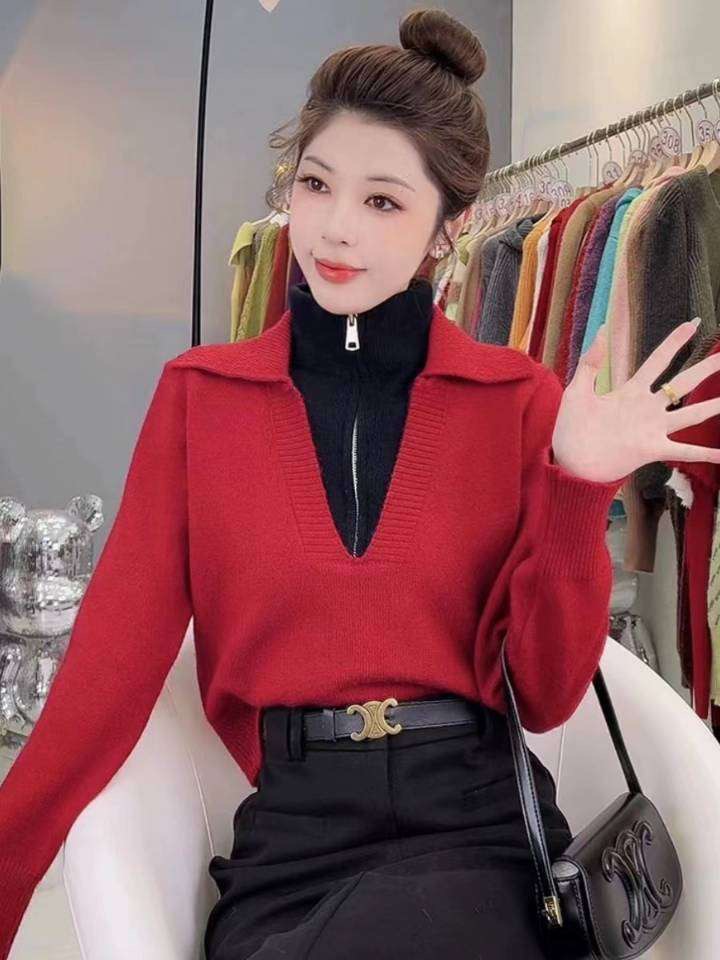 2023年秋冬新款ins百搭氣質時尚款高領拼接假兩件拉鏈復古毛衣女