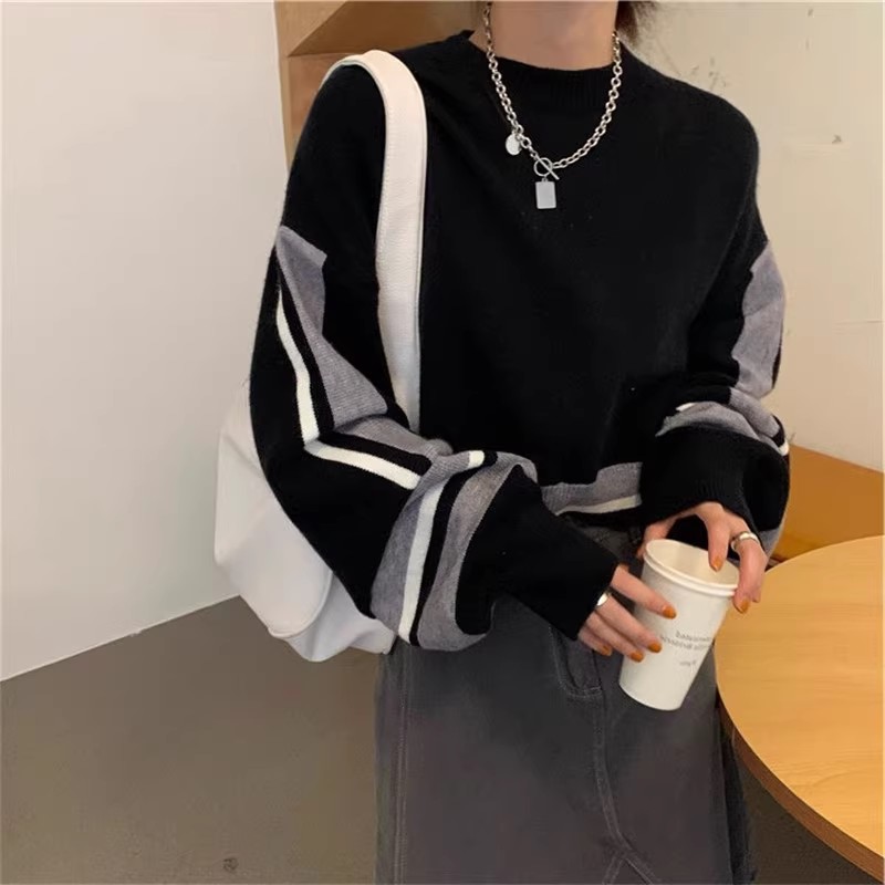 慵懶風燈籠袖毛衣女秋冬裝設計感小眾寬鬆套頭短款撞色針織衫上衣
