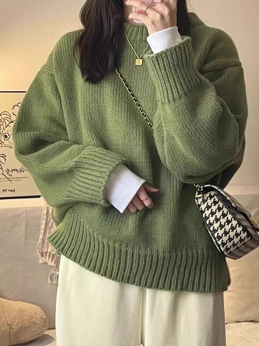 綿羊絨#2023新款綠色套頭毛衣女秋冬厚復古日系慵懶風內搭針織衫