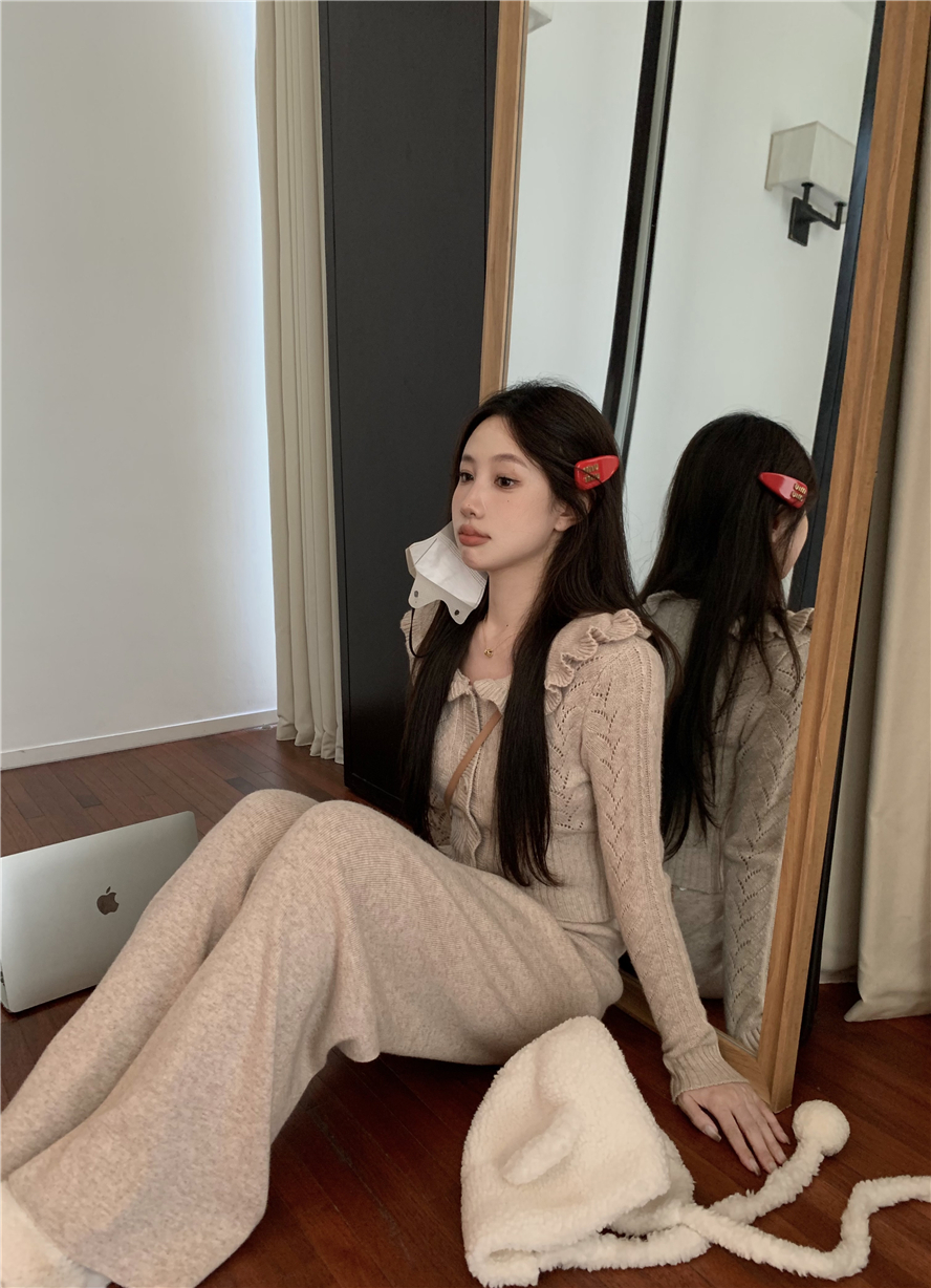 實拍 少女感燕麥色澳洲羊毛蝴蝶結上衣長褲 套裝