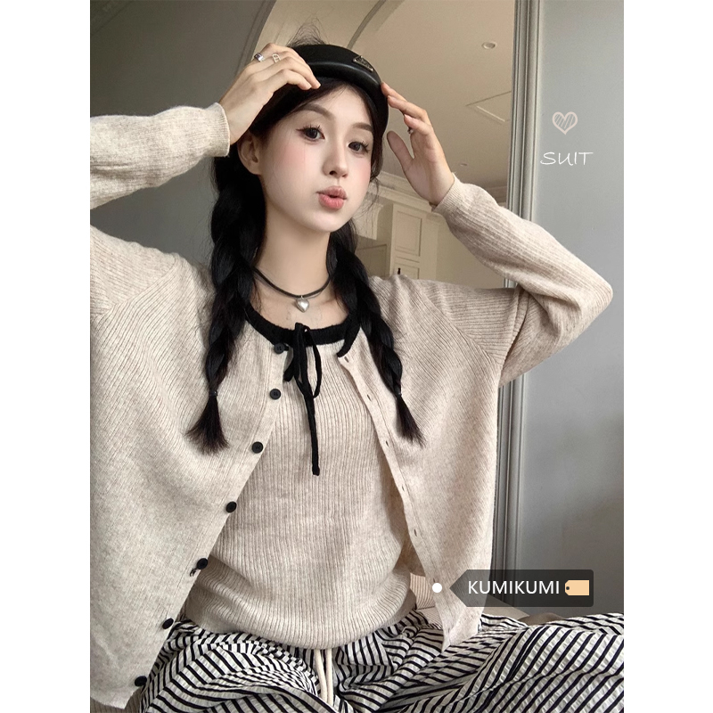 北極絨 時尚套裝長袖針織開衫外套女秋季撞色綁帶吊帶背心兩件套