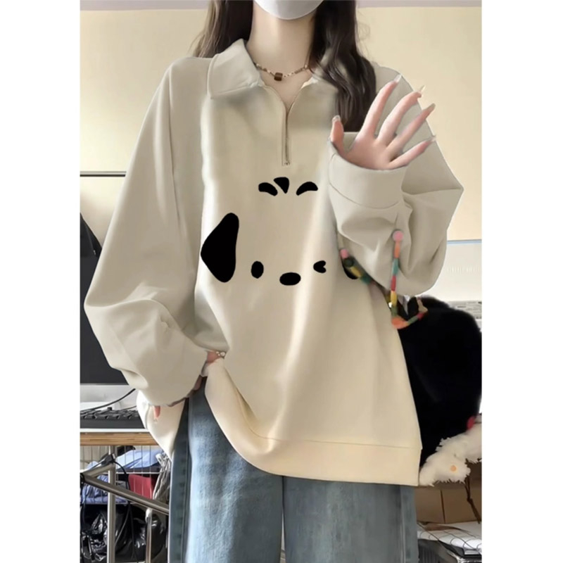 Original workmanship polo collar sweatshirt for women autumn and winter 2023 new style small artistic long sleeve top trendy