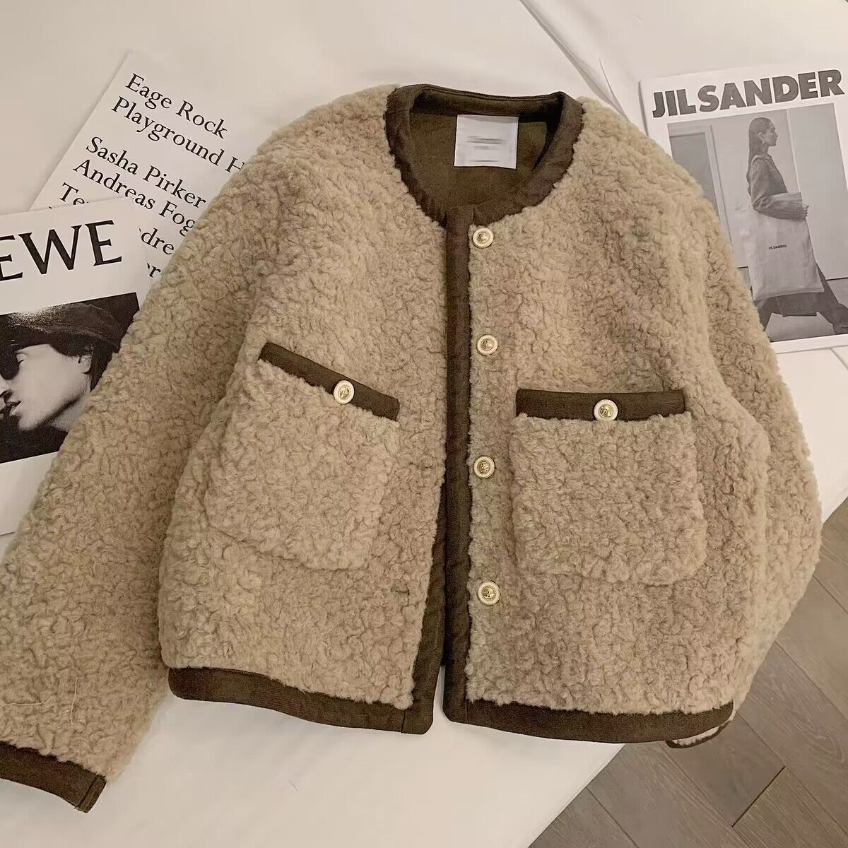 Light brown small fragrant lamb wool coat for women winter thickened contrasting fur one-piece lamb wool short coat top