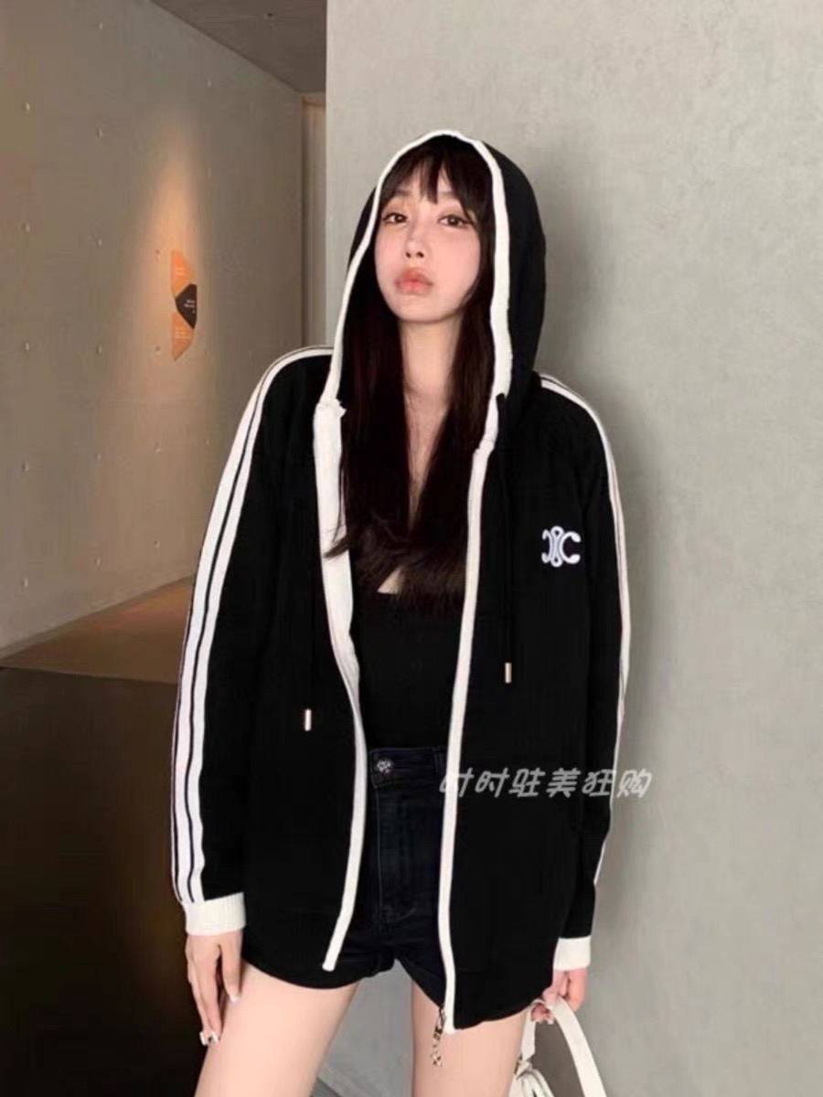 CELINE/賽琳 23FW新款凱旋門Logo刺繡黑白撞色連帽針織開衫外套女