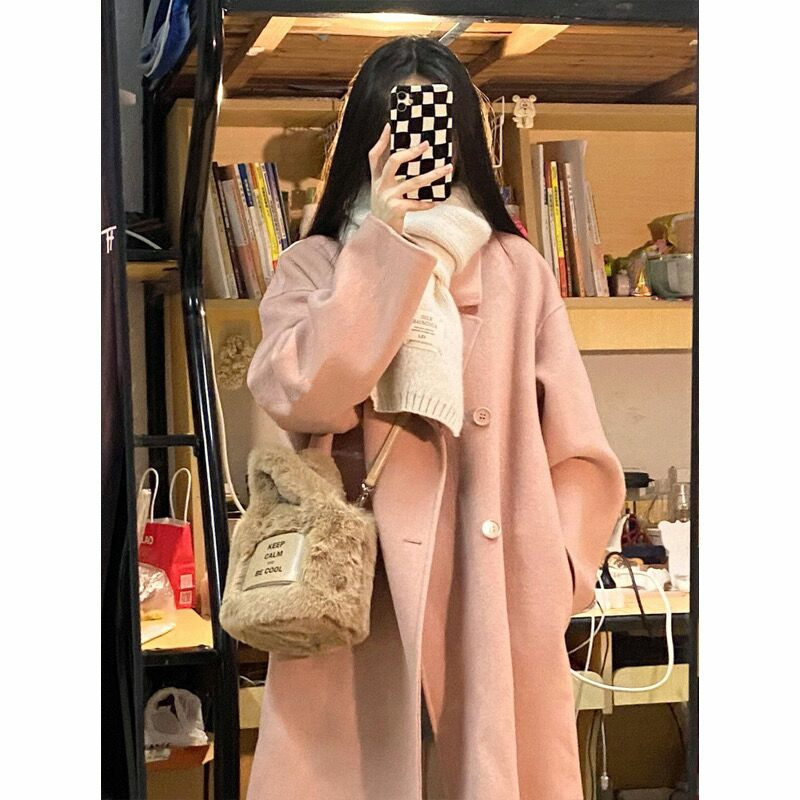 粉色毛呢外套女2023秋冬季新款呢子大衣赫本風小個子韓系冬天加厚