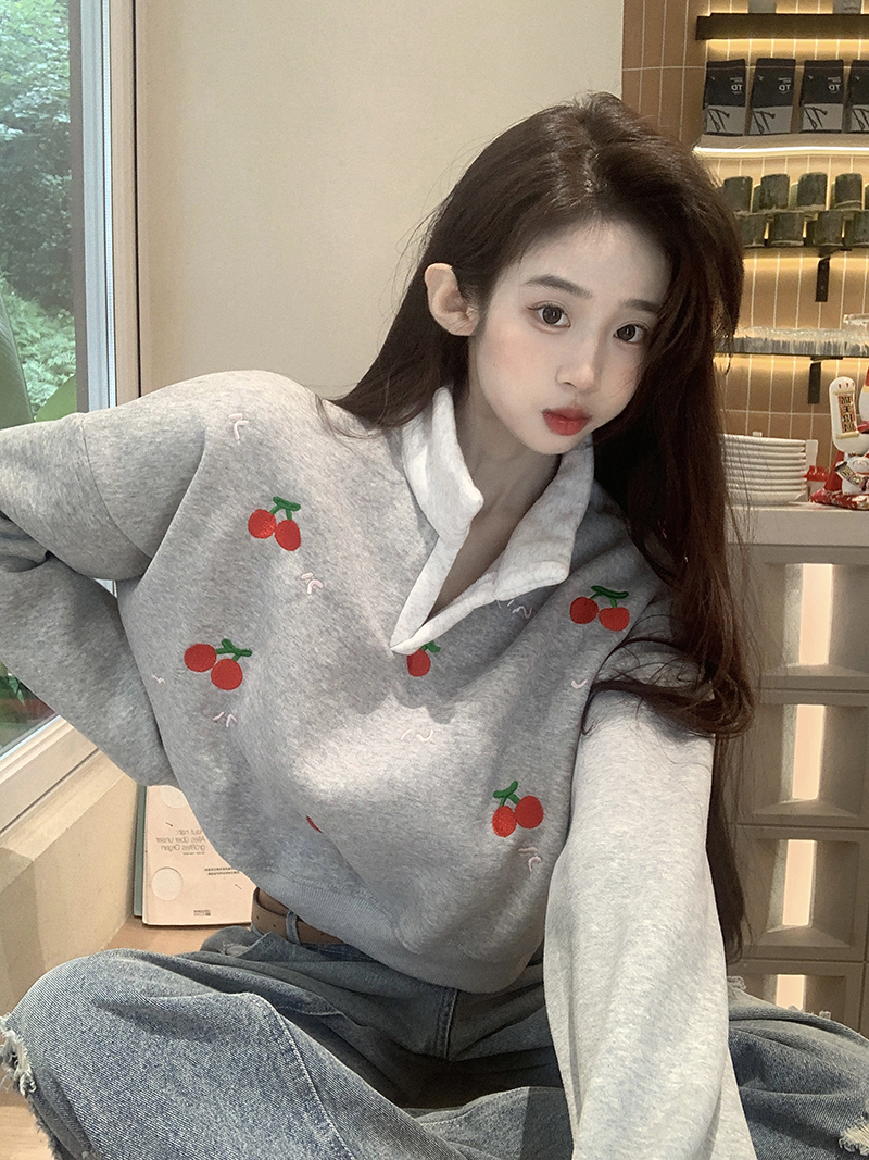 本店原創~實拍~polo領櫻桃刺繡加絨加厚衛衣女潮
