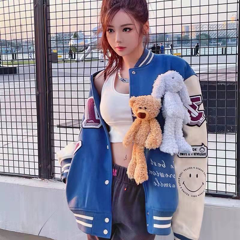 明星同款雙玩偶重工藝毛巾繡炸街棒球服男女同穿潮牌外套小熊