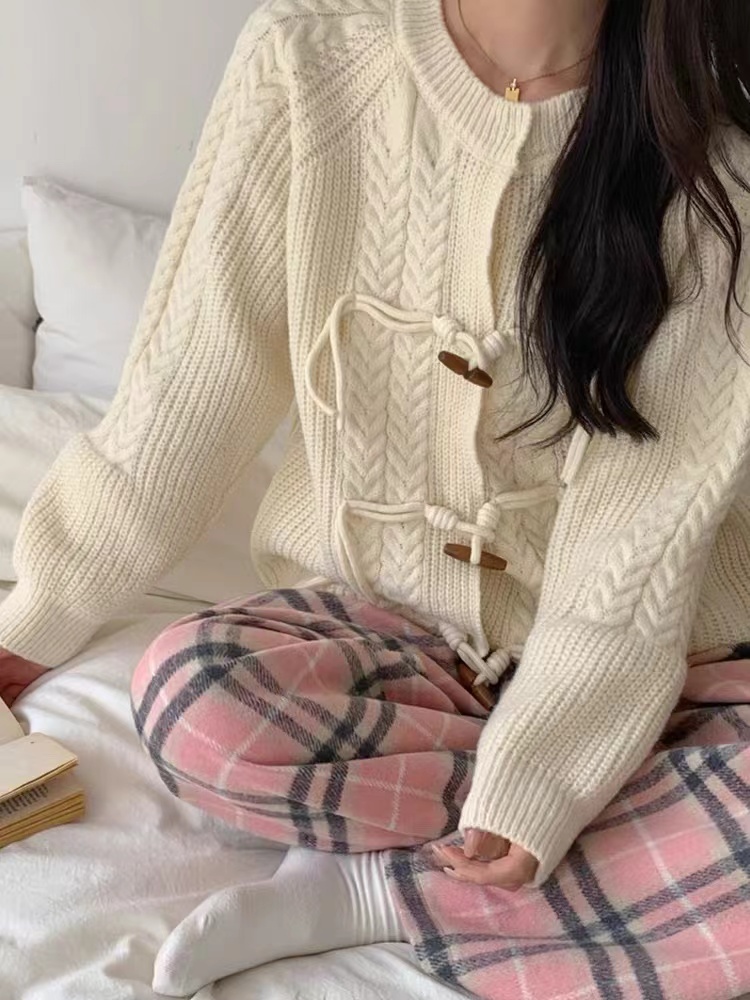 韓系復古牛角扣針織開衫女秋冬寬鬆慵懶風溫柔休閒百搭毛衣外套