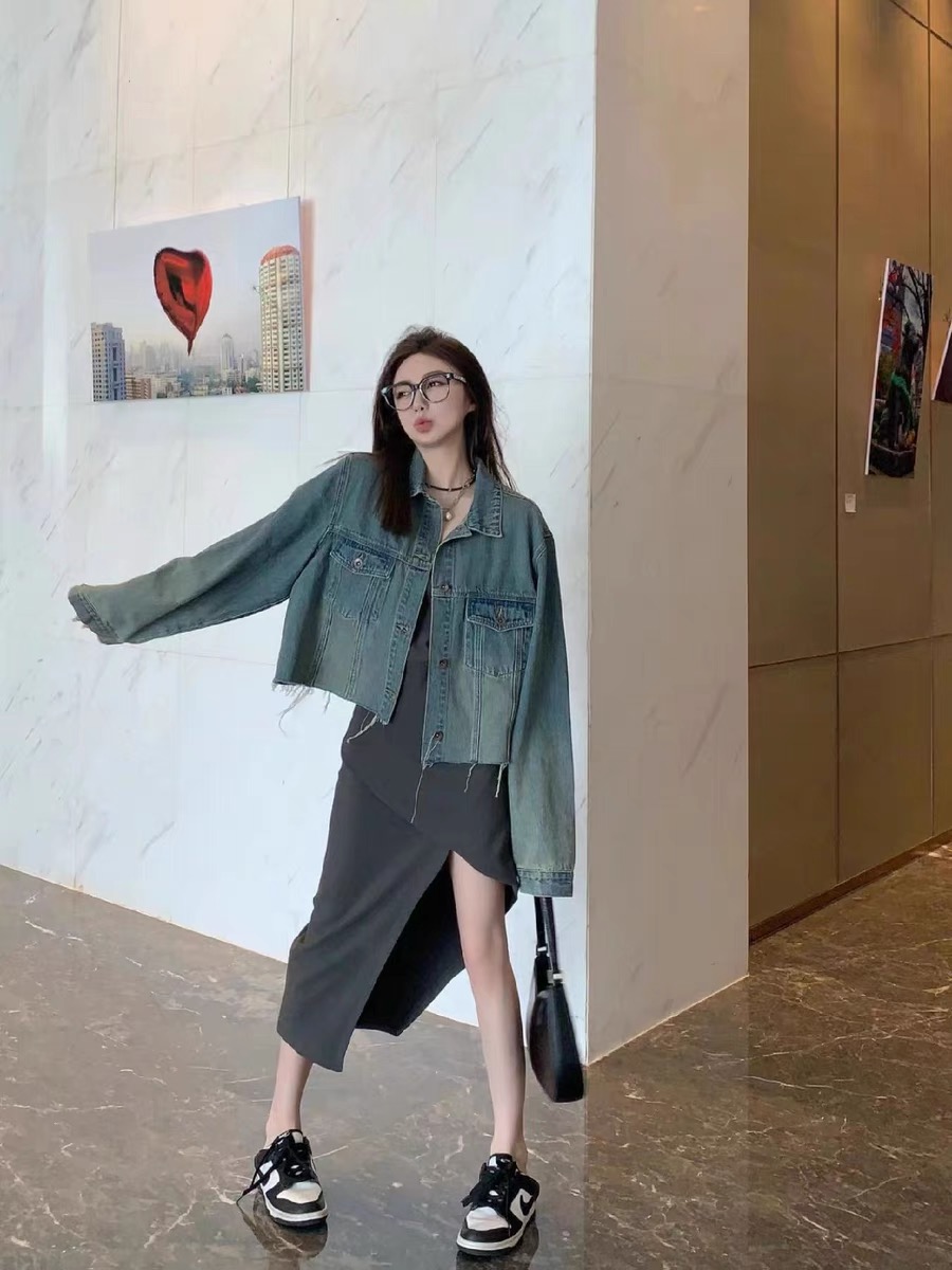 港風復古藍牛仔外套女2023秋季新款韓版寬鬆百搭休閒長袖夾克上衣