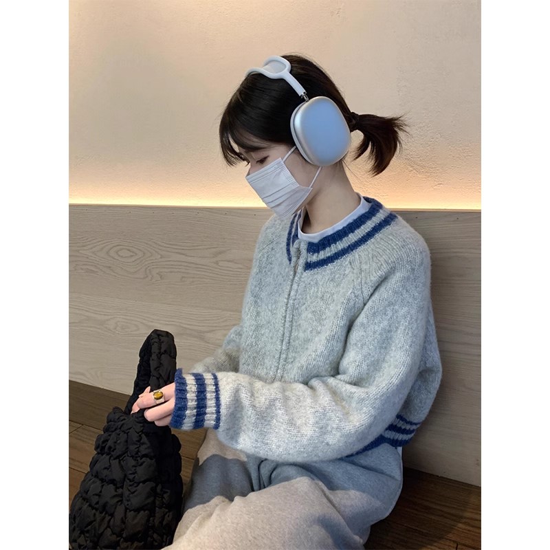 圓領針織開衫條紋小眾毛衣日系慵懶風2023秋冬季新款女裝外套穿搭
