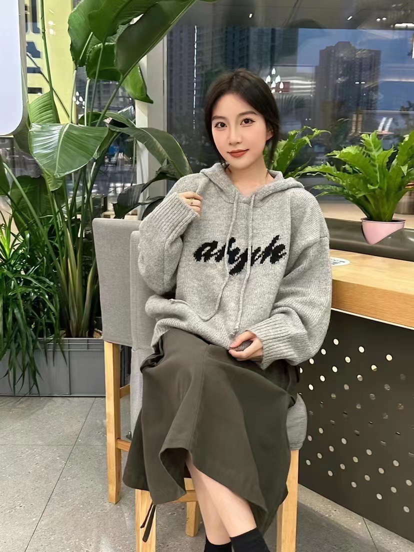 AHPH23AW國潮牌慵懶風連帽毛衣男女裝情侶2023冬季新款寬鬆針織衫