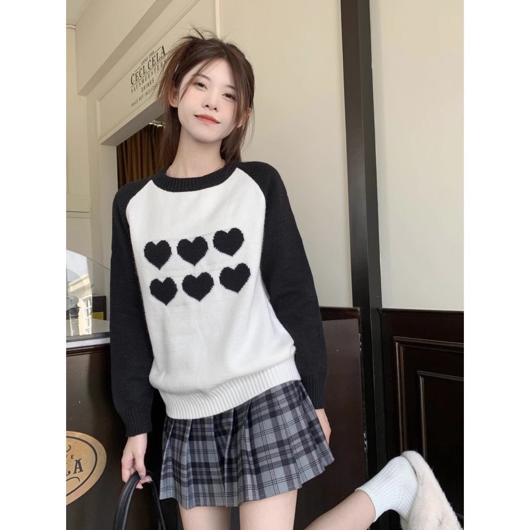 學院風軟糯愛心毛衣女秋冬季設計感別致小眾撞色慵懶針織衫上衣