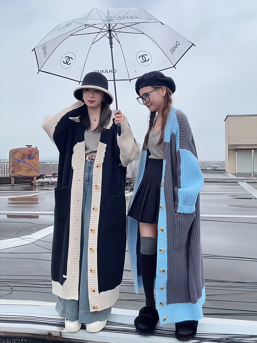 已！溫柔韓式慵懶風針織外套女秋季洋氣寬鬆百搭小眾撞色大衣