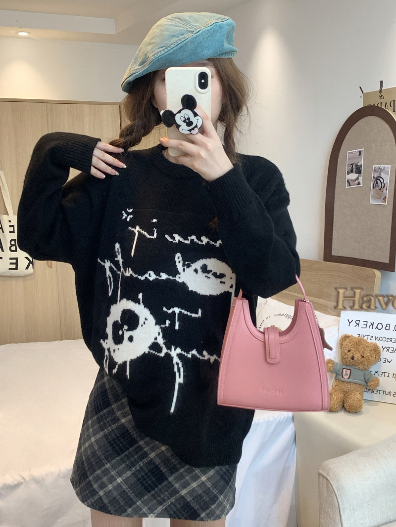實拍 卡通塗鴉毛衣女慵懶風復古鹽系寬鬆套頭長袖針織上衣