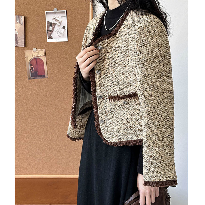 實拍~2023秋冬新款法式毛邊粗花呢小香風百搭開衫羽絨服短外套