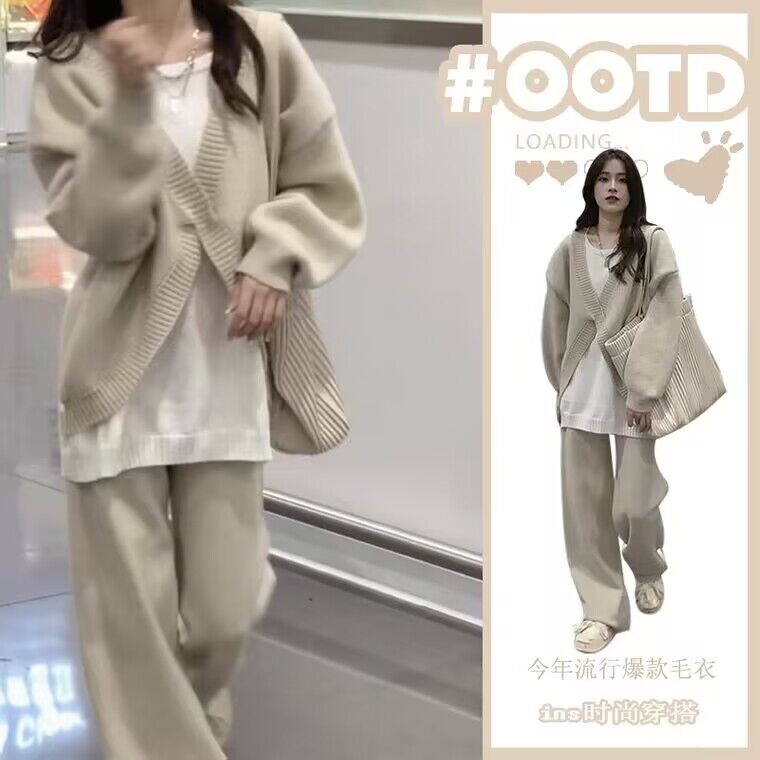 春秋奶系穿搭冬天搭配女裝整套韓系小眾奶糯風溫柔慵懶毛衣兩件套