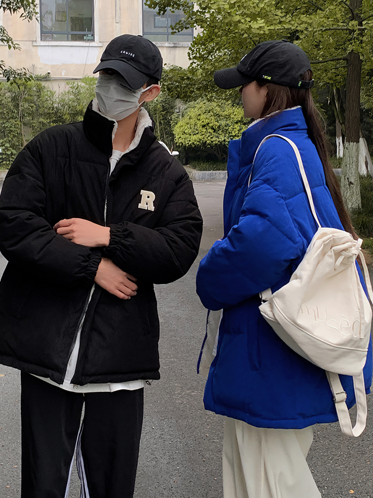 實拍燈芯絨立領情侶裝2023冬韓版羽絨服羊羔毛棉衣港風雙面穿棉服