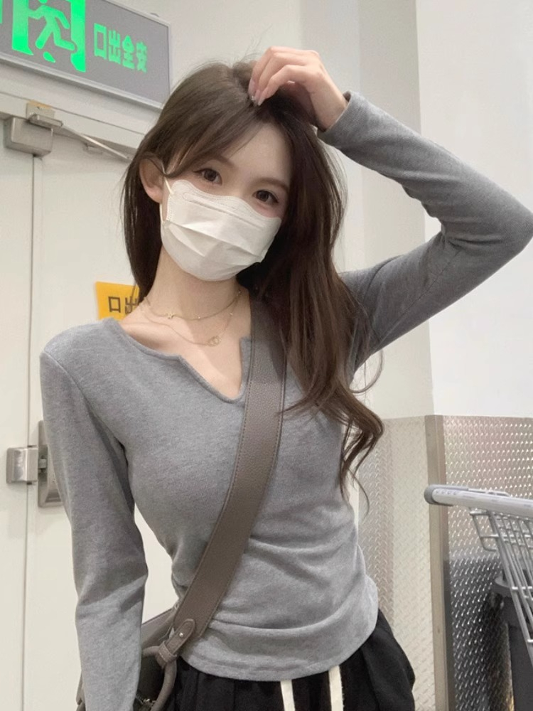 官圖長袖打底衫女純欲帶胸墊辣妹秋季內搭外穿上衣ins潮