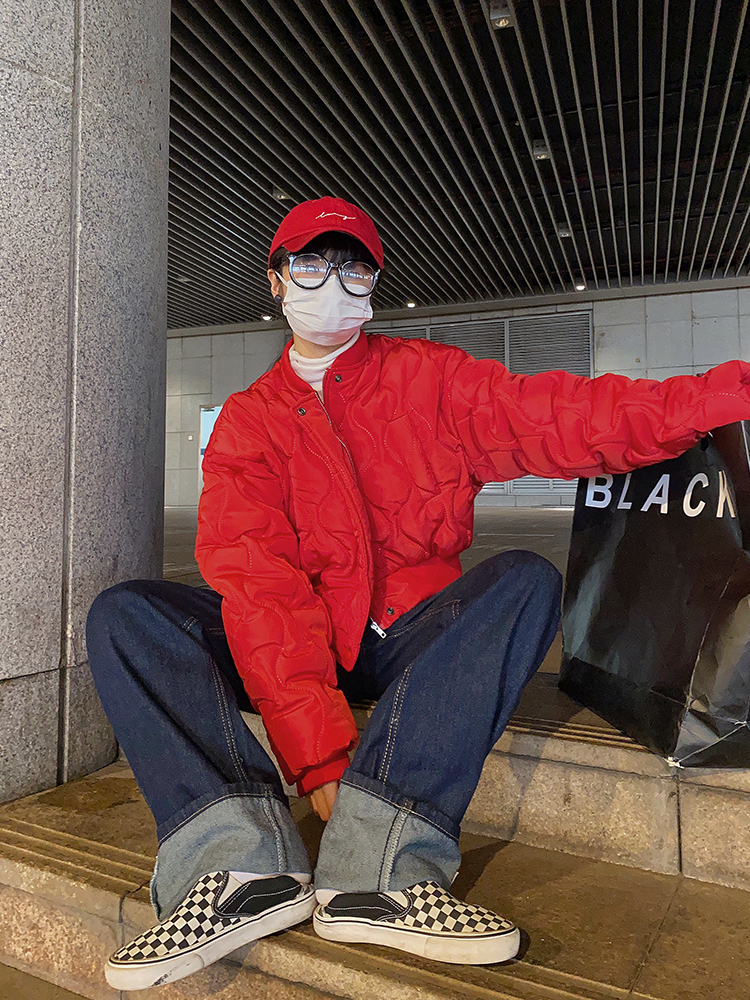 棉服女冬ins港風短款棒球服厚棉衣新款韓版夾克紅色外套