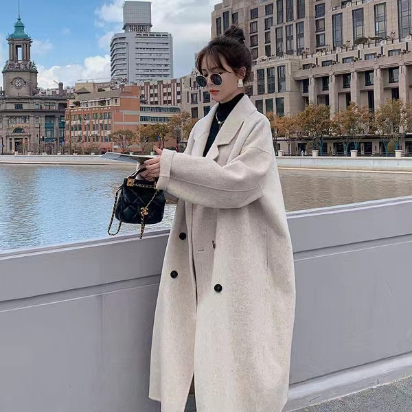 西裝領毛呢外套女中長款2023冬季新款加厚赫本風韓版寬鬆呢子大衣