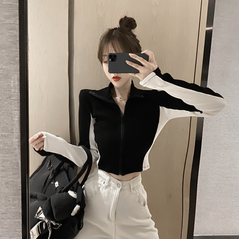 Early autumn 2023 new fashionable contrasting color knitted cardigan jacket for women, thin, stylish, slim, short, long-sleeved top
