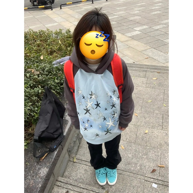 美式學院風五角星印花寬鬆百搭連帽衛衣 薄款