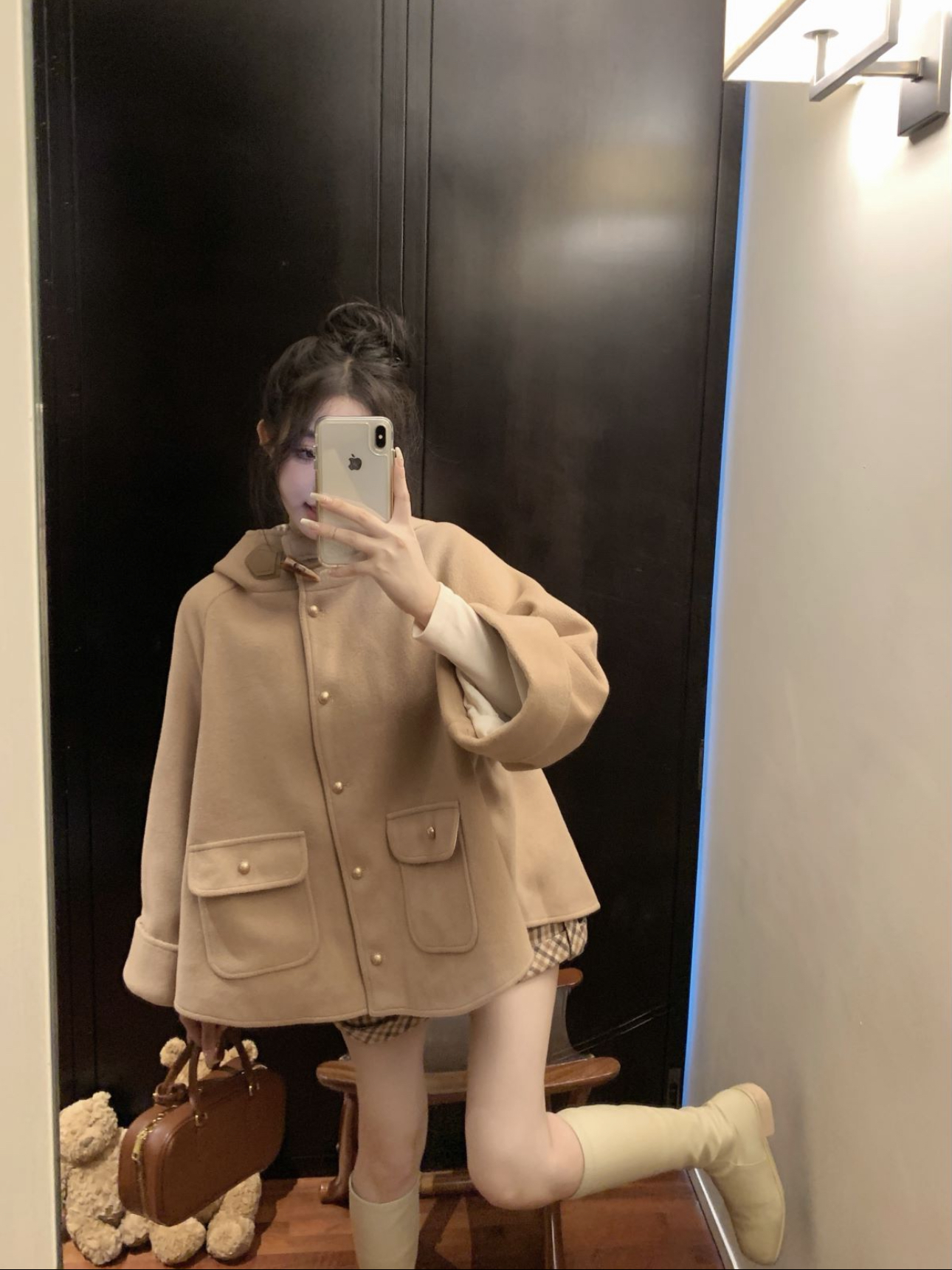 實拍少女感斗篷毛呢格紋加絨內襯連帽大衣外套奶咖格子短褲