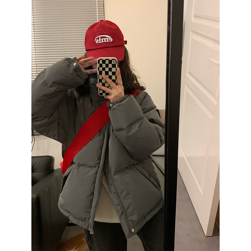官網圖viiwen 百搭純色棉衣棉服顯瘦保暖短款灰色麵包羽絨棉服女