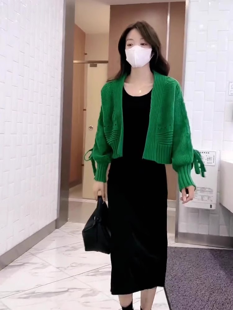 蝴蝶結短款毛衣外套女開衫春秋新款寬鬆設計感小眾套裝兩件套