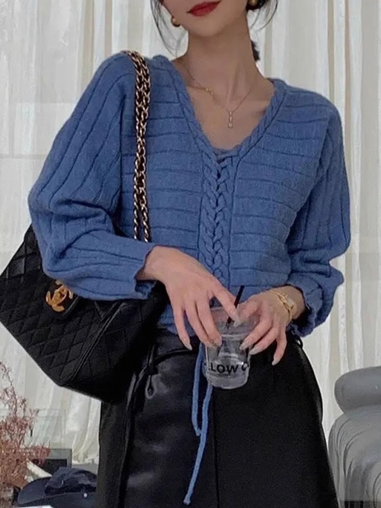 baby奶藍色針織衫女秋季穿搭高級感小眾長袖法式掐腰上衣V領顯瘦