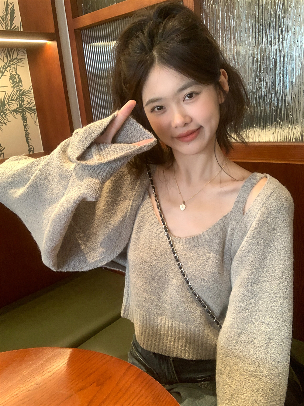 實拍慵懶毛衣針織開衫吊帶兩件套上衣女